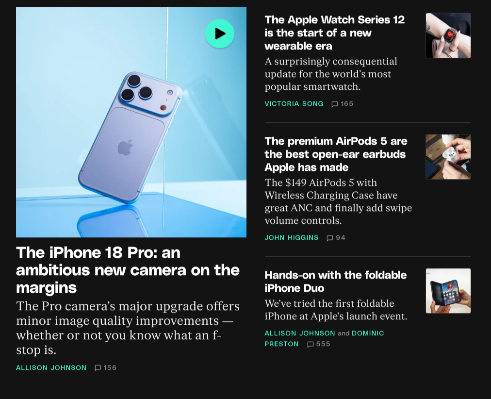 Manchete: “The iPhone 18 Pro: an ambitious new camera on the margins”, com outras notícias sobre Apple Watch Series 12, AirPods 5 e o iPhone Duo dobrável