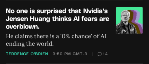 Manchete: “No one is surprised that Nvidia’s Jensen Huang thinks AI fears are overblown”